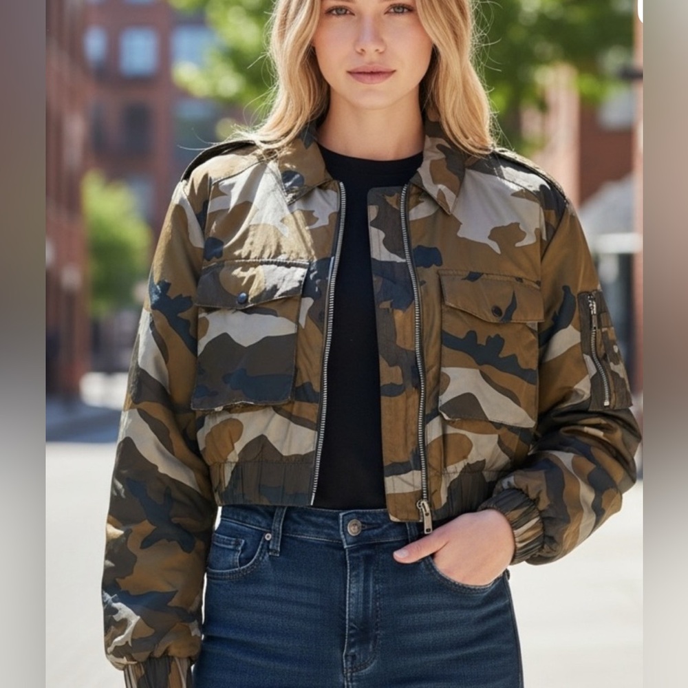 ZARA CROPPED BOMBER JACKET WITH CAMOUFLAGE PATTERN